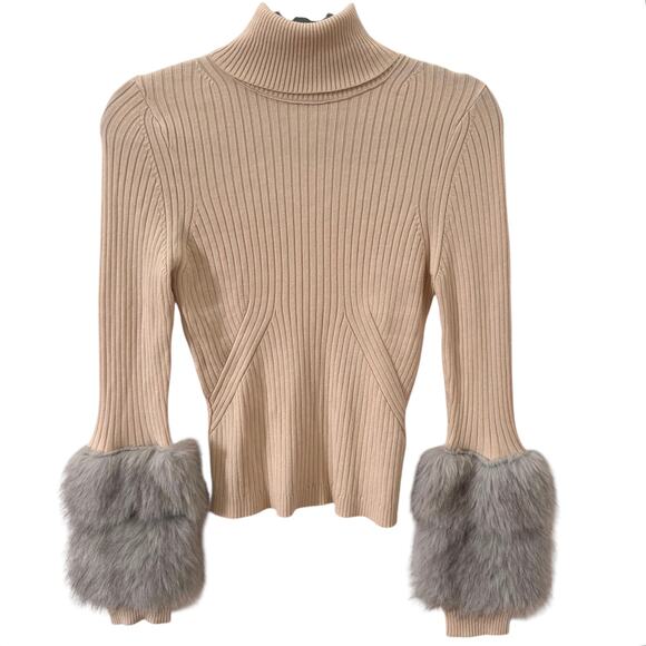 Anthropologie Maeve Faux-Fur Cuff Ribbed Turtleneck Sweater Cream Size S - Picture 5 of 11